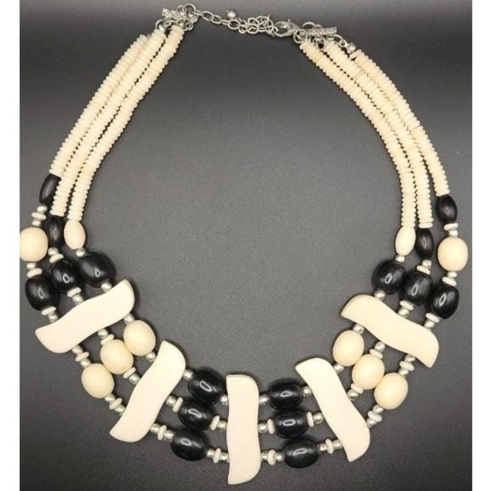 Vintage Black Wood Bone Heishi Bib Statement Necklace Silvertone Clasp